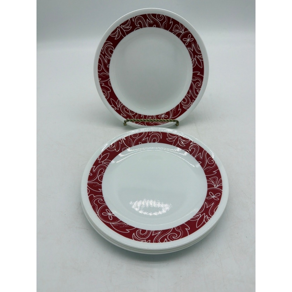 4 CORELLE "BANDHANI"  6.75" BREAD BUTTER PLATES RED & WHITE FLORAL BAND ON WHITE